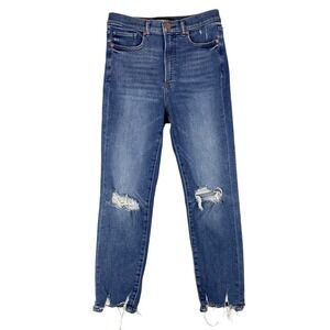 Express Womens Slim Ankle Super High Rise Ripped Jeans Raw Hem Size 8 Blue Denim